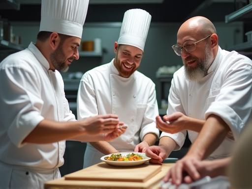 Image of the L'Atelier des Saveurs team collaborating in a professional kitchen or tasting session.