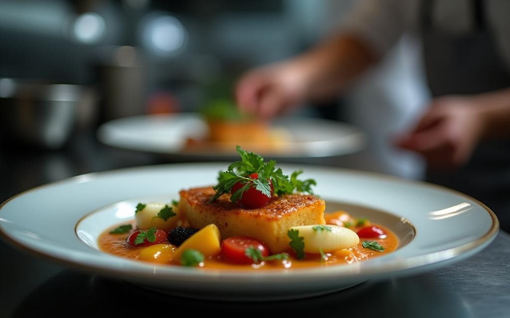 High-quality image of a professionally plated gourmet dish or a bustling, clean kitchen scene.