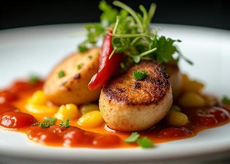 Close-up photograph of a beautifully plated gourmet dish, highlighting vibrant colors and textures.