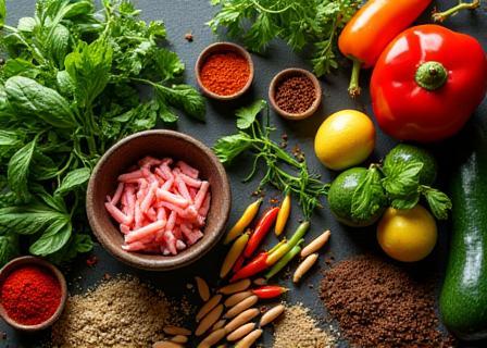 Flat lay image of fresh, diverse culinary ingredients artfully arranged.