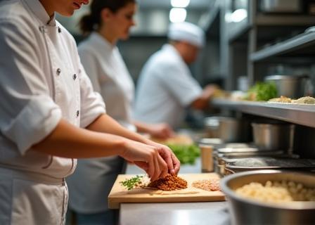 Image showing professional kitchen staff preparing food with focus and care.