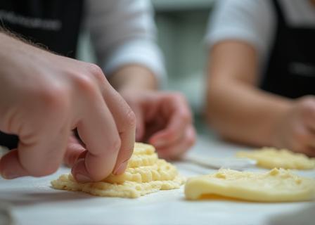 Scene from a professional pastry workshop, showing participants actively engaged in learning.
