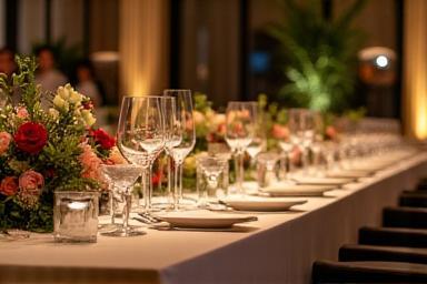 Image of a beautifully set table or catering setup for a culinary event.
