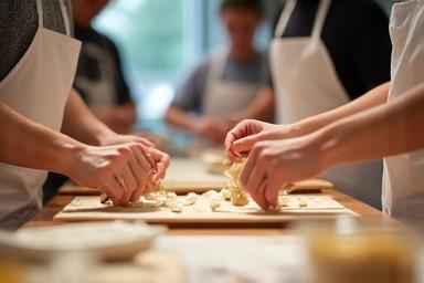 Image of people participating in a hands-on cooking or pastry workshop.